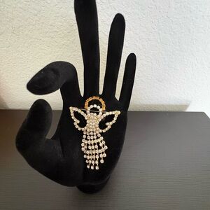 Crystal rhinestones Angel brooch gold tone Halo and gown signed OTC. Preowned
